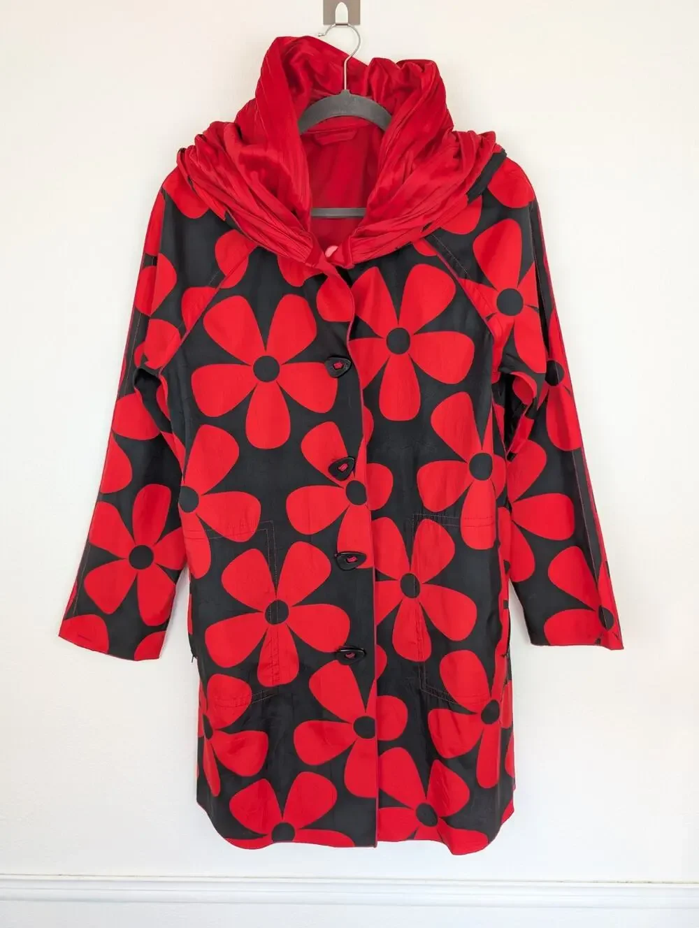 UBU Raincoat Reversible Pleated Floral Hooded Spring Fall Quirky Red Size S